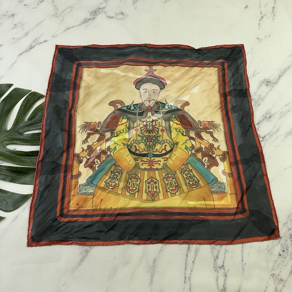 Roi Du Lac Silk Scarf Asian Inspired Print Square Red Yellow Vintage Style